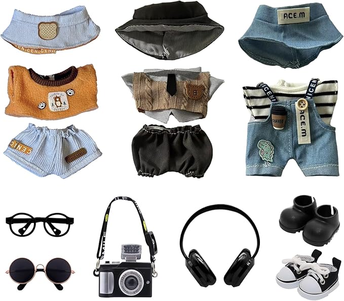 Clothes for Labubu, 9-piece Clothes and Accessories Set Designed for Labubu Doll Clothes, Includes Glasses, Goggles, Boots, Black Canvas Shoes, Headphones, Camera, and Accessories for Labubu - Style I