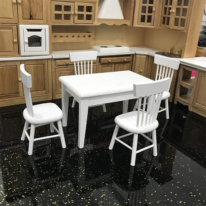 Dollhouse Decoration Accessories, 1:12 Dollhouse Miniature Furniture Wooden White Dining Table Chair Model Set