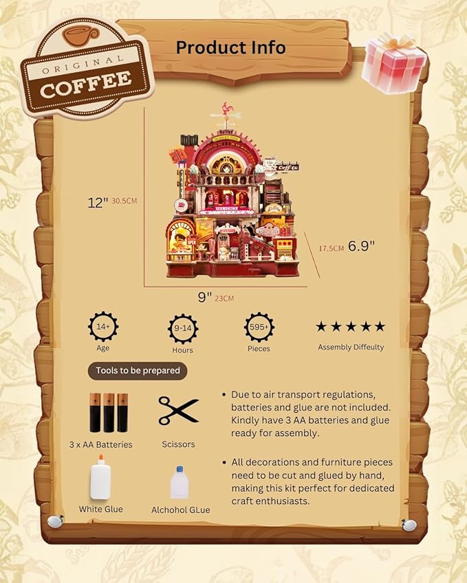 Dessert Atelier Self-Running Powered DIY Miniature House Kit – Movable Dessert & Coffee Lines Dollhouse Kit – Wood 3D Puzzles Tiny House Book Nook Christmas Halloween Birthday