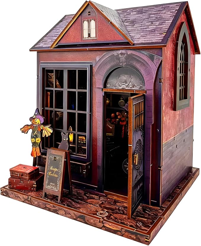 DIY Miniature House,LED Lighting Book Nook Kit Dollhouse Kit for Adult and Teens, Tiny House Bookshelf Decor 3D Wooden Puzzle, Gifts for Family, Friends,Christmas(Magic Cabin)