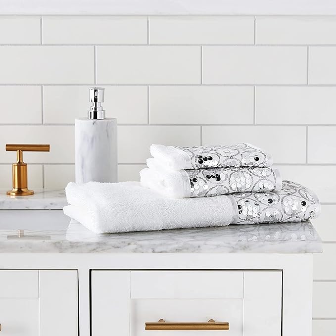 Zahari Home Sinatra Modern Bathroom Towel Set - 3 Piece Luxury Contemporary Decor Bling White Bath Towel Sets Soft, Plush and Highly Absorbent