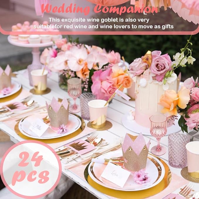 Veiuwa 48 PCS Pink Plastic Wine Glasses,Reusable Plastic Wine Glasses,Pink Goblet Glass,Durable and Sturdy Cups Can Be Used for Various Parties Such as Weddings!