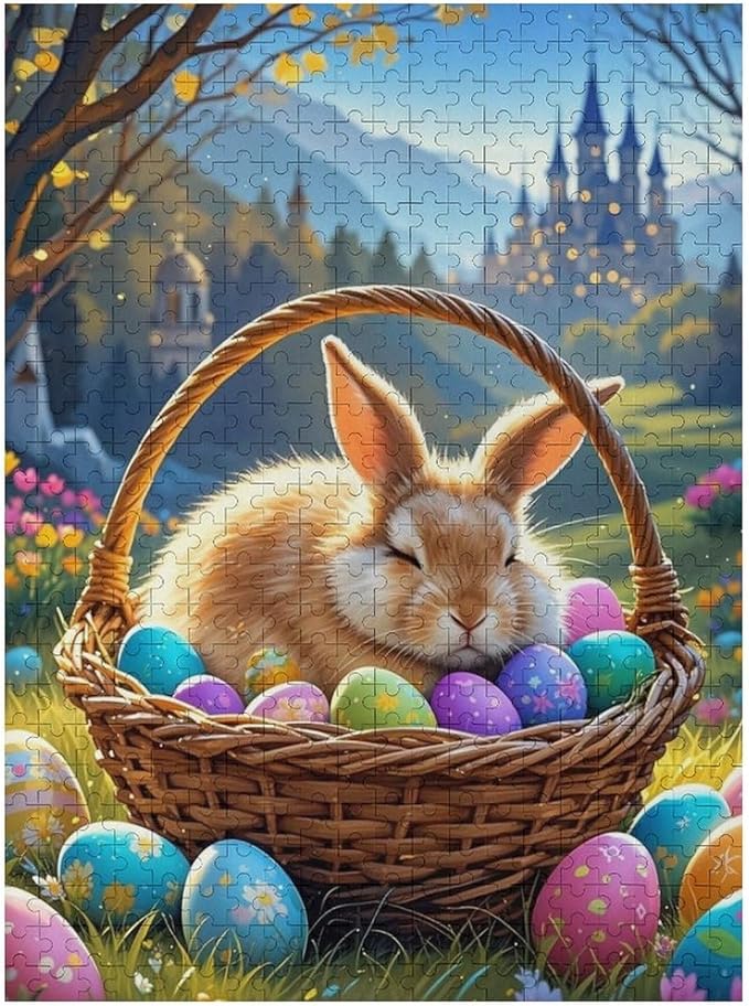 Sleeping Bunny Easter – 500 Piece Holiday Wooden Jigsaw Puzzle, Cute Sleeping Bunny Scene, Brain Challenge, Fun Family Activity