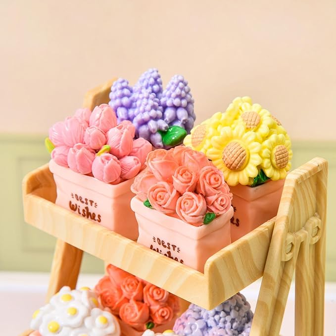 6Pcs Refreshing Pink Flowerpot Mini Resin Figurines - Lovely Rose, Tulip, Daisy, Sunflower & Hydrangea Ornaments, Cute Potted Flowers for Dollhouse,Desk, Car & Home Decorations,Healing Gifts for Girls