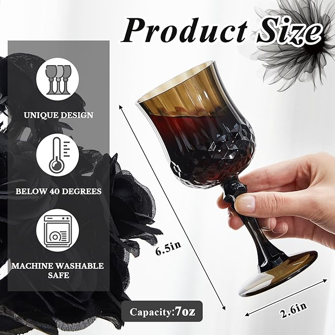 Pinkunn 12 Pcs 7 oz Plastic Vintage Wine Glasses Reusable Colored Goblets Patterned Drinking Water Glasses Cup Dishwasher Safe for Valentine's Day Wedding Reception Party Supplies (Black)