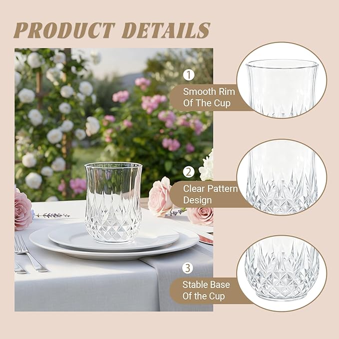 LEYIQU Stemless Wine Glasses, Plastic Reusable Cups Vintage Drinking Glasses Tumblers, Valentine’s Day Gifts for Couples, for Whisky, Beer, Juice, Beverages, Cocktai (24, 12oz-Transparent)