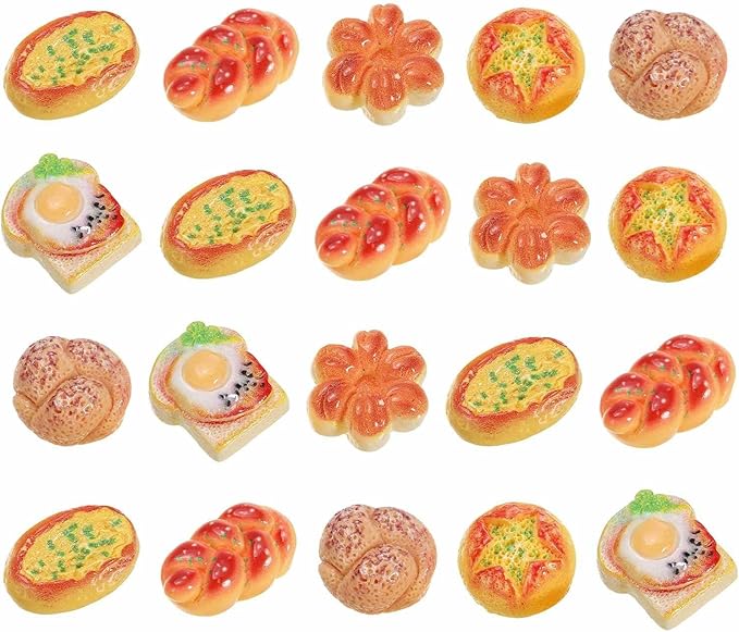 Dollhouse Miniature Food, Cute Mixed Garlic Bread Figures Toys Mini Resin Foods Trinkets for Pretend Play Kitchen Cooking Game & Doll House Decor (Mixing Colors, 20pcs)