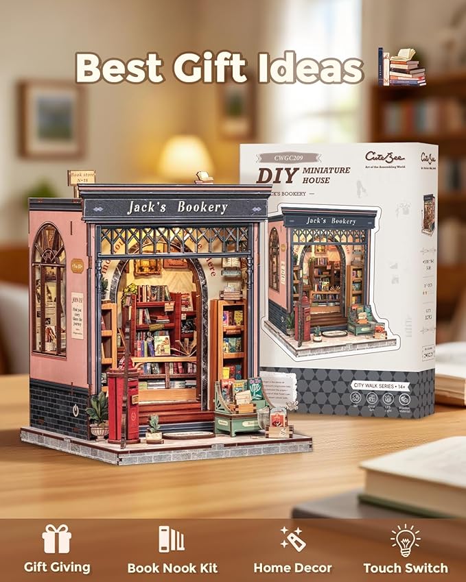 CUTEBEE Book Nook Kit - DIY Miniature House Dollhouse Kit for Adults and Teens, Booknook Tiny House Bookshelf 3D Wooden Puzzle, Gifts for Family (Jack's Bookery)