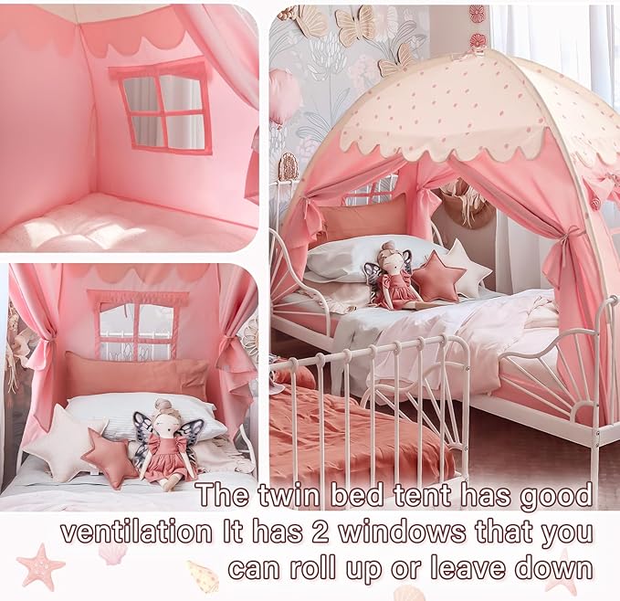 Sherilyn Twin Bed Canopy Tent Toddler, Kids Bed Canopy Indoor on Bed Privacy Space Playhouse Sleeping Blackout Twin Size Tents Bunk Bed Tent for Girl Birthday House Gift, Pink Polka Dot