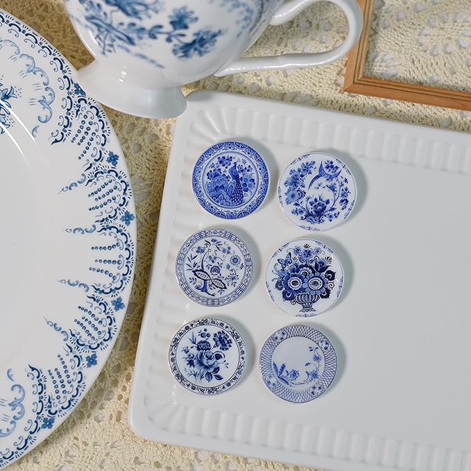 6PCS Handcrafted Miniature Ceramic Plates in 1:12 or 1:6 Scale, Vintage Porcelain Playhouse Dishes (Blue-White A, 3CM)