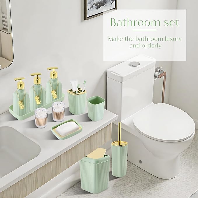 WSBArt 17PCS Bathroom Accessory Set Bathroom Set Green Bathroom Decor,Toilet Brush, Trash Can, Qtip Holder Dispenser& 3PCS Soap Dispenser