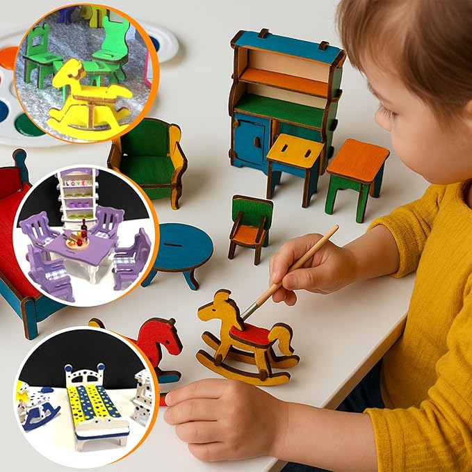 LOVEINUSA DIY Wooden Dollhouse Furniture Set, 3D Puzzle Miniature Room Accessories, Natural Wood