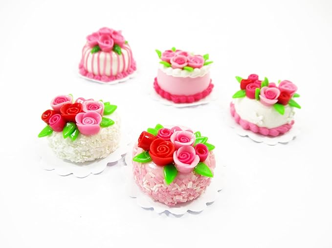 Dollhouse Miniatures Food Set 2cm 5 Mixed Rose Flower Cake Supply Charms 13702