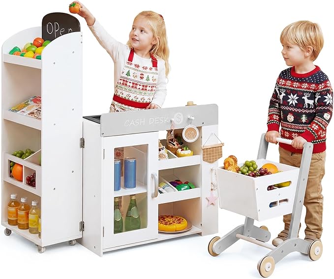 Costzon Kids Grocery Store Playset, Convertible Wooden Play Store w/Shopping Cart, Scanner, Chalkboard & Checkout Belt, Toddler Pretend Supermarket Checkout Stand for Boys & Girls
