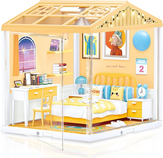 Hallisun LED Building Blocks for Adults, 1:24 DIY Miniature Dollhouse Kits with Roof & Dustproof Cover, Tiny House Toy Building Sets for Kids Ages 8-12-15, Birthday Hobbies Gift for Men Women Boy Girl