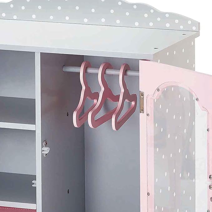 Olivia's Little World Polka Dot Princess Wooden Shaker-Style Double Closet for 18" Doll Wardrobes with Windowed Doors, Three Shelves, Hanging Space with Hangers, Gray/Pink