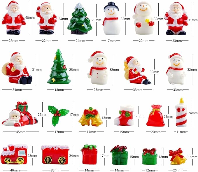23 Pcs Mini Christmas Figurines Set – Resin Christmas Village Accessories, Santa, Snowman, Gifts, Tree Miniatures for Holiday Tabletop & Craft Decor