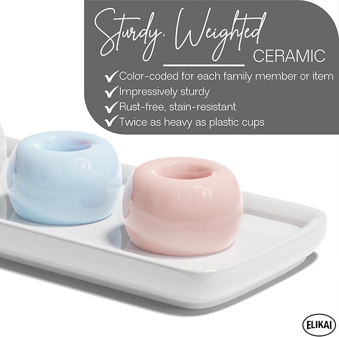 ELIKAI Ceramic Toothbrush Holder Set with Tray, Countertop Organizer for Bathroom, Storage Solution for Toothbrushes, Bathroom Accessories - Pastels – 4 Pack