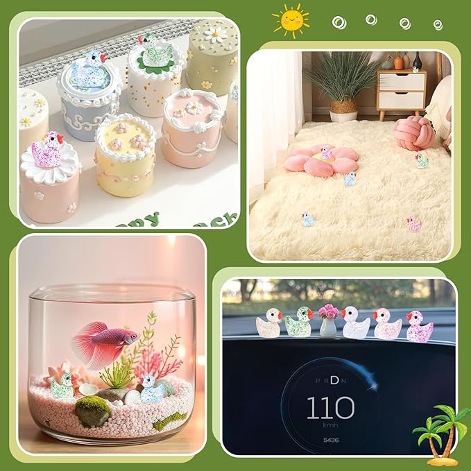 120PCS Mini Resin Animals Cute Colorful Glitter Tiny Ducks, Miniature Figures to Hide, Little Animal Accessories Bulk for Topper Garden Dollhouse Landscape Aquarium Ornaments DIY Crafts & Decor