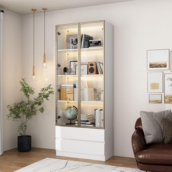 FAMAPY Display Cabinet with 2 Glass Doors and Lights, Display Case Cabinet with 4-Tier Storage Shelves and 2 Drawers, Pop-up Design, White and Champagne Gold (31.5”W x 14.2”D x 78.7”H)