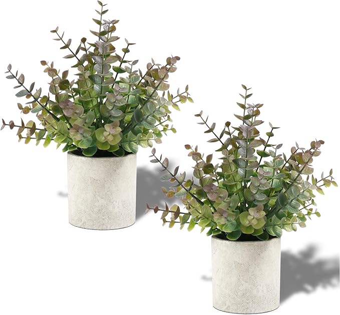 Coferset 2 Pack Small Fake Plants Christmas Greenery Eucalyptus Potted Artificial Plants for Shelf Desk Home Bathroom Farmhouse Room Coffee Table Decor Christmas Decor(Purple)