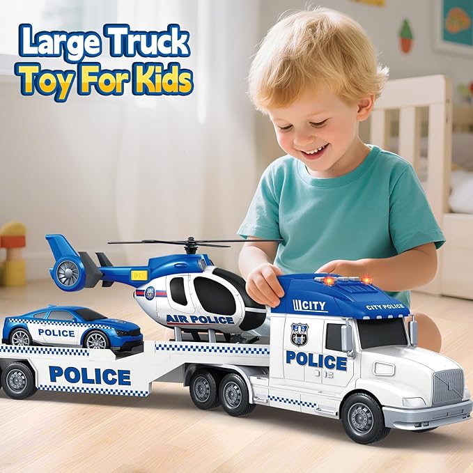 Kids Toys for 3 4 5 6 7 8 Years Old Boys, 27" Police Truck Toy with Racing Car and Helicopter, Toddler Friction Powered Truck Vehicle Toy with Lights, Sounds for Boys Girls Christmas Birthday Gifts