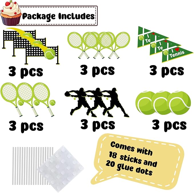 18 PCS Tennis Cupcake Toppers for Birthday Baby Shower Sport Tennis Ball Racket Player Cake Decor Picks Green GlitterTennis Party Decorations Supplies