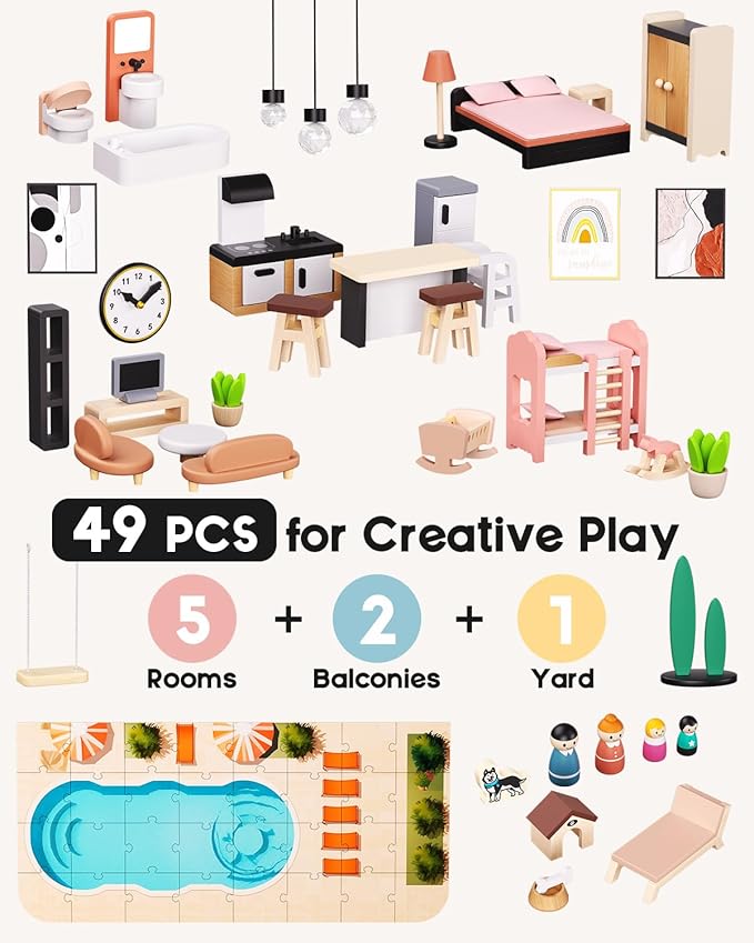 BIERUM Wooden Dollhouse, Large Modern Doll House with 49Pcs Furniture Accessories, Dolls & Pets, DIY Puzzle Pool Yard, Wood Dollhouse Toy for Toddlers 3+, Ideal Gift for Boys and Girls (Black)