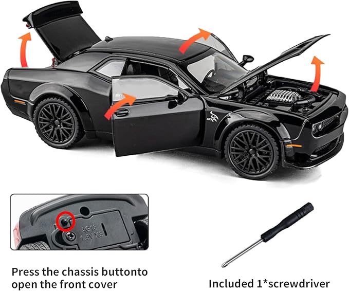 Toy Cars 1/32 Dodge Challenger Die Cast Metal Toy Cars Hellcat Toy Car with Sound and Light Pull Back Hellcat Car for 3+ Year Old Boys and Kids