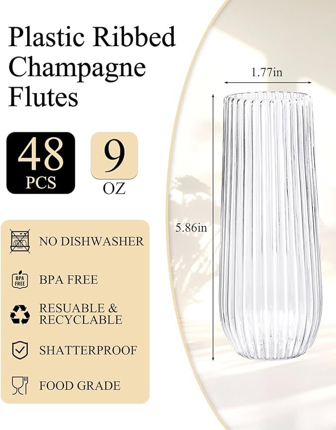 Ciaell 48PCS Plastic Ribbed Champagne Flutes - 9oz Clear Plastic Champagne Glasses - BPA-Free Disposable Shatterproof Toasting Glasses for Weddings, Party, Catering