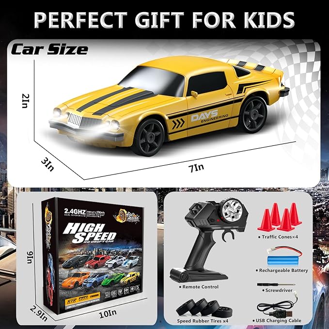 RC Drift Car 1:24 Remote Control Car 4WD 15KM/H High Speed Racing Sport Car with LED Lights RC Cars Toy for Kids Boys Girls Adults Gifts Birthday Christmas Rechargeable Batteries