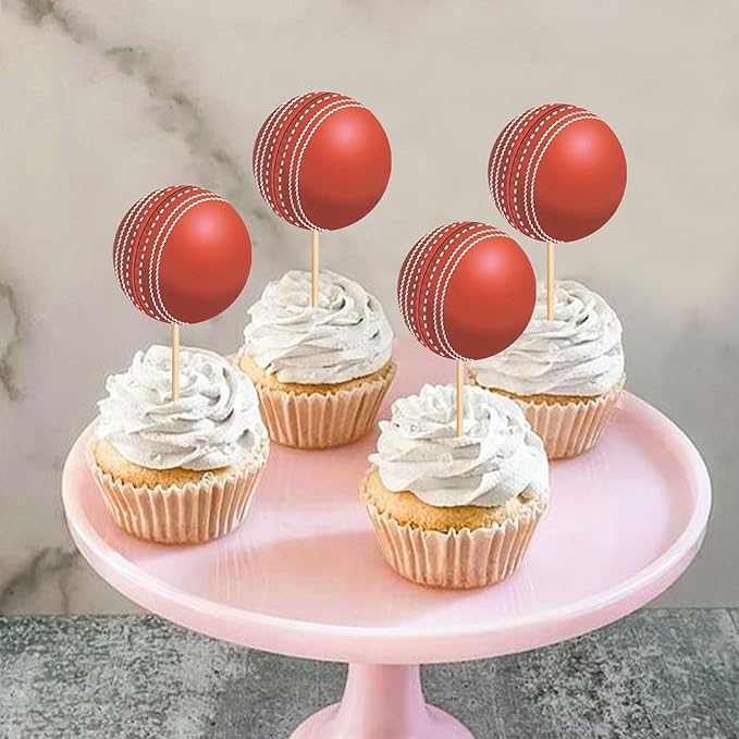 Ercadio 24 Pack Double Sided Cricket Cupcake Toppers Sports Ball Cricket Cupcake Picks Cricket Theme Birthday Cake Decorations for Baby Shower Kids Birthday Party Cake Decorations Supplies, Red-1