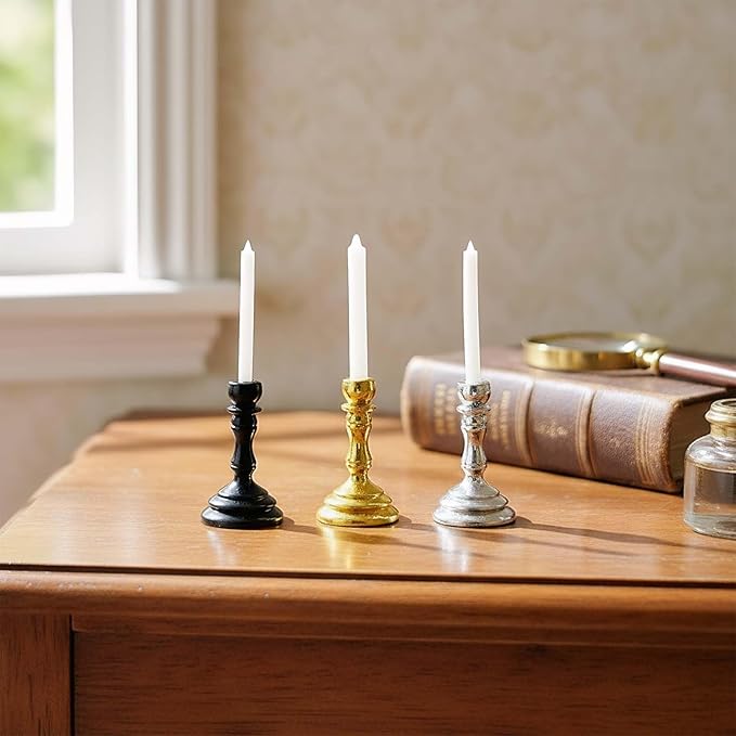 3-Piece Dollhouse Miniature Candle Holder Set, Vintage Style Simulation Candlesticks, 1/12 Scale Candles for Doll House Desk Ornament & Fairy Garden Decor (Black)