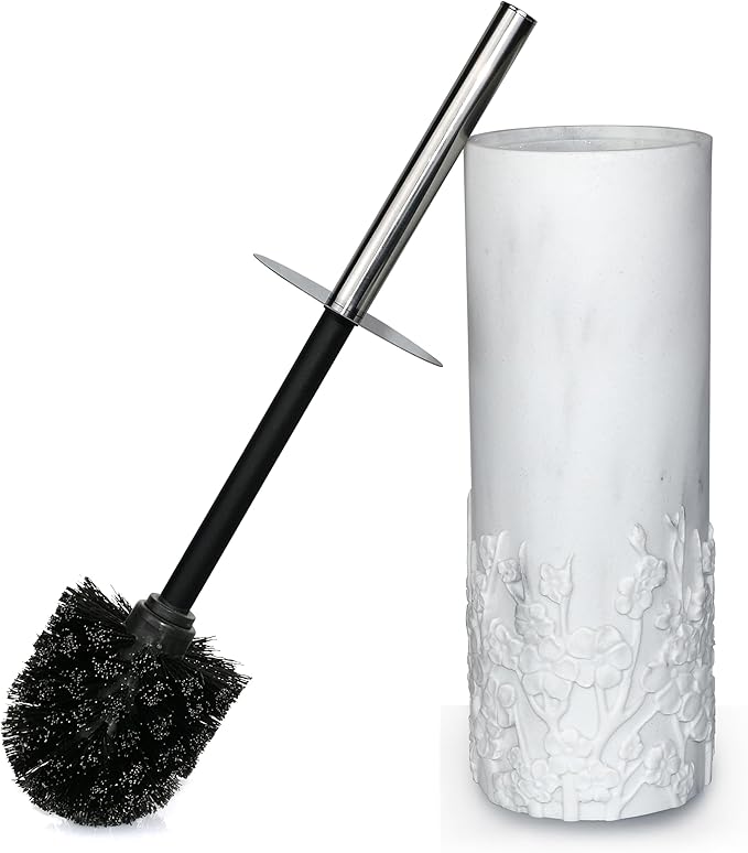 Indecor Home Marble Cherry Blossom Design Resin Toilet Brush and Holder Set for Bathroom, Stylish Design with Durable Bristles and Compact Storage