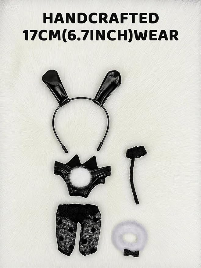 2026 New 17cm Doll Fashion Clothes Set: Black Bunny Ears Headband, Leather Skirt, Collar with O-Ring, Mesh Pants, Mini Whip - Cute Outfits & Accessories for Unique Style