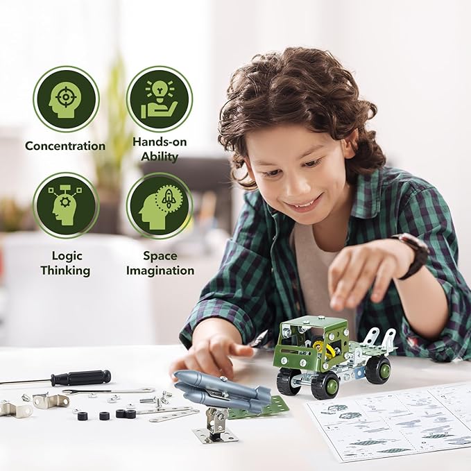 Military Truck STEM Building Toy Set for Boys Age 8-12 - Metal Army Toys Model Car Kits Set - Engineering STEM Kits or Kids 6-8, 8-10 Stem Projects Vehicles 134pcs