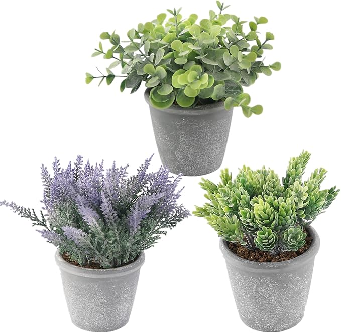 COTSEN 3 Pack Artificial Potted Plants Fake Potted Plants Artificia Eucalyptus Artificial Fake Flowers Hops Plants Artificial Lavender for Bookshelf Desk Home Decorate