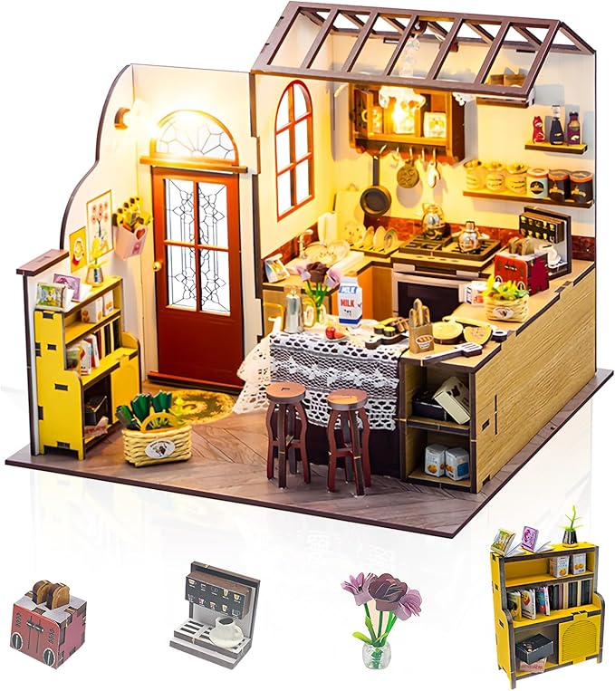 DIY Miniature House Kit, Dollhouse Kit with LED Light, Mini House Building Kits for for Adult to Building, Christmas Home Decorations Gifts for Family and Friends, Kitchen