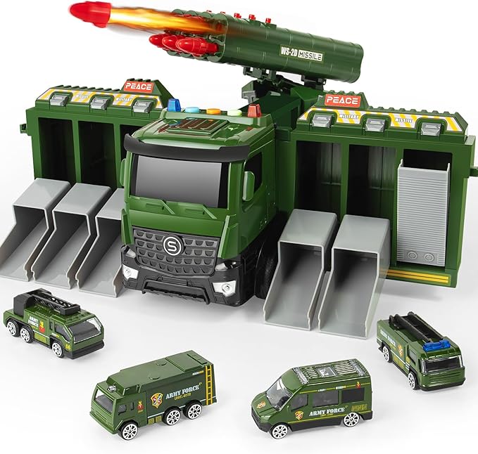 Army Toy for Boys 3-6, Military Truck with 8 Missiles, 6 Mini Die-cast Battle Toy in Carrier Truck with Lights and Sounds, Gifts for Toddler Kids Boys Age 3+