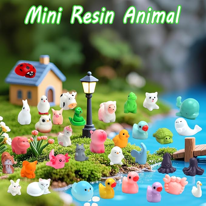 50Pcs Mini Resin Animals 50 Styles Little Animal Figures to Hide Tiny Resin Animals Variety Pack Small Miniature Animal Accessories for Micro Fairy Garden Landscape Dollhouse Crafts Decor