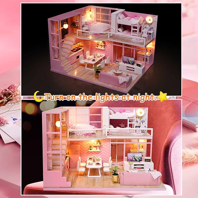 TuKIIE DIY Miniature Dollhouse Kit with Furniture, 1:24 Scale Creative Room Mini Wooden Christmas Doll House Accessories Plus Dust Proof & Music Movement for Kids Teens Adults(Dream Angels)