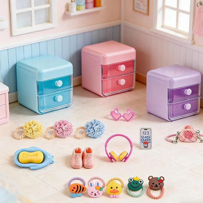 118Pcs Dollhouse Mini Jewelry Storage Case Cosmetic Hand Bag Towel Bathroom Set Accessories Toothbrush Shampoo Purse Decor Doll Backpack Girl Micro Scene Ature Makeup Shoes Glasses Money Mask DIY