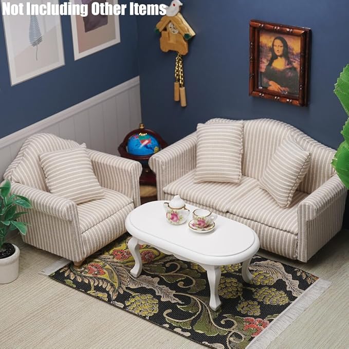 Odoria 1/12 Miniature White Coffee Table and Upholstered Chair Sofa Set Mini Armchair Striped Khaki Couch Miniatures Dollhouse Furniture Accessories Doll House Accessory