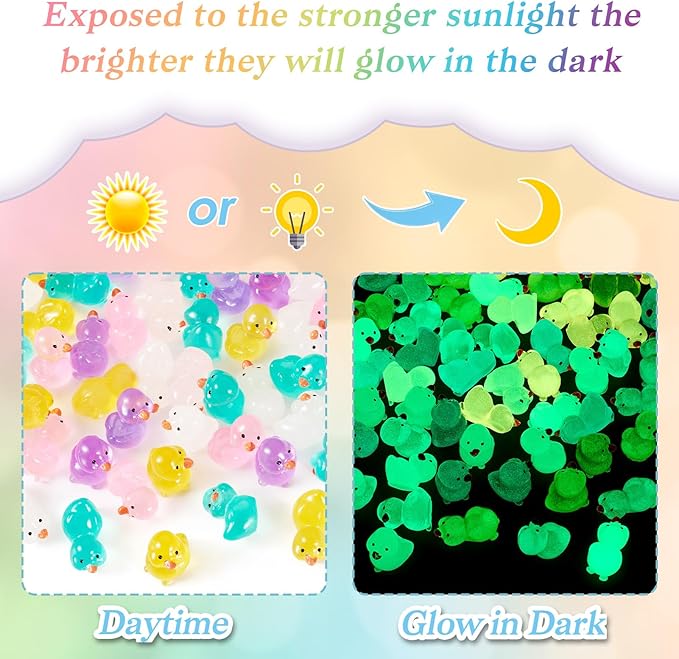 Beadthoven 60pcs Luminous Mini Resin Duck, Glow in The Dark Duck Animals Dollhouse Figurine Assorted Colorful Cute Cabochons Small Glowing Figure DIY Charms Ducks Garden Craft Landscape Ornaments
