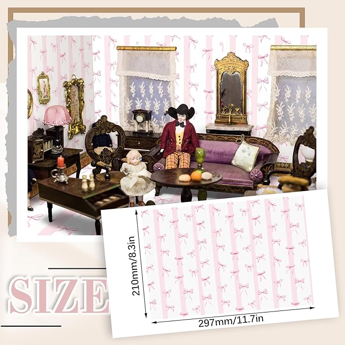 Flutesan 12 Pcs Miniature Dollhouse Wallpaper and Flooring Peel and Stick Mini DIY Self Adhesive Dollhouse Accessories 8.27 x 11.69 Inch (Pink Bow)