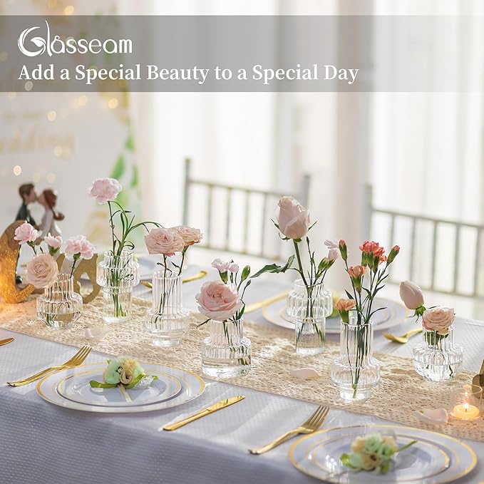 Glasseam Glass Bud Vases for Centerpieces: 4Pcs Clear Small Vase for Flowers Wedding Table Centerpieces - Modern Mini Decorations for Cute Vintage Home Living Room Decor