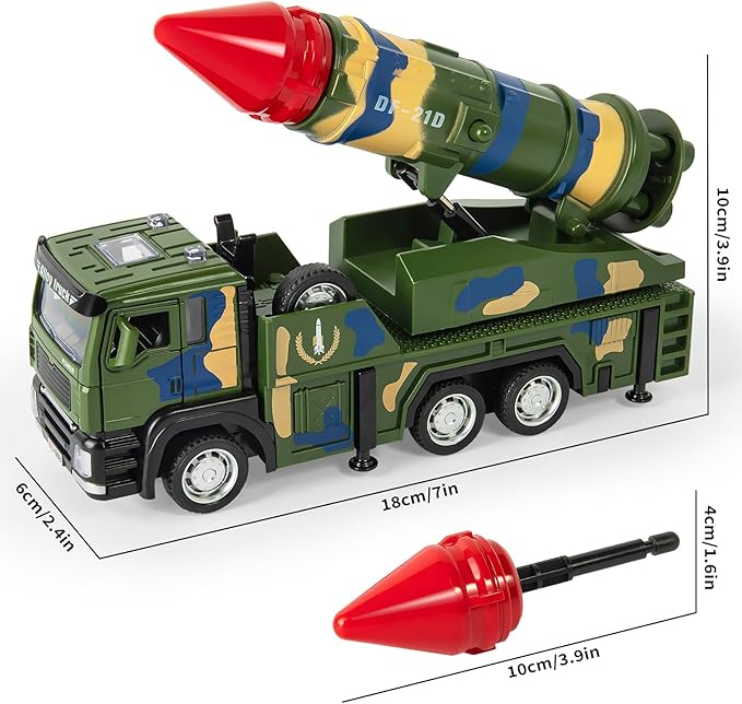 Military Missile Launch Truck Toy, with Lights Sounds and Pull Back Army Car, Alloy Die-cast Simulated Combat Vehicle Model Toy for Kids Age 3-6