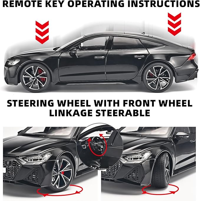 Model Car Kits for Adult 1/18 Diecast Cars Compatible with Audi RS7 Sportback Car Collection,Remote Control Key Version Metal Toy Cars with Lights and Sounds,Toy Cars for Boys Age 4-7（Black）