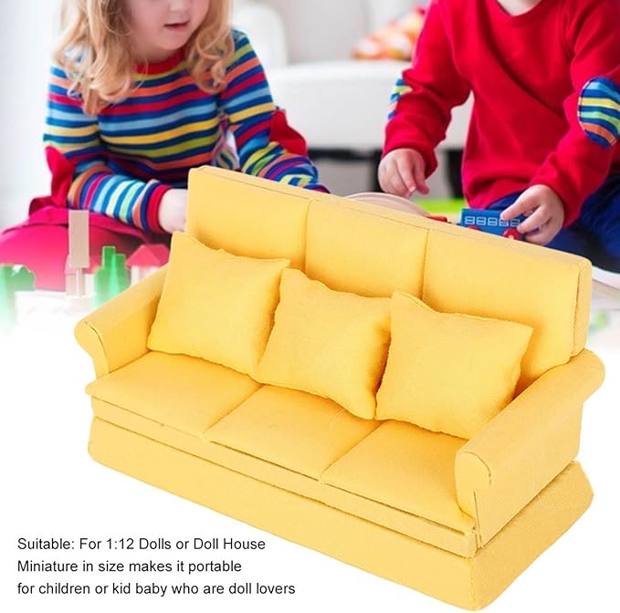 Dollhouse Furniture 1 12 Scale Couch Doll House Mini Sofa with 3Pcs Pillow Living Room Furniture Wooden Doll House Decoration Accessories Dolls House Living Room (Yellow)