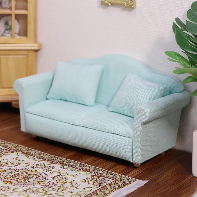 Dollhouse Couch Miniature Furniture Sofa with Pillows for Living Room Desktop Decoration Fabric Sofa Mini Home Scene Accessories Ornament (Sofa Set, Green)